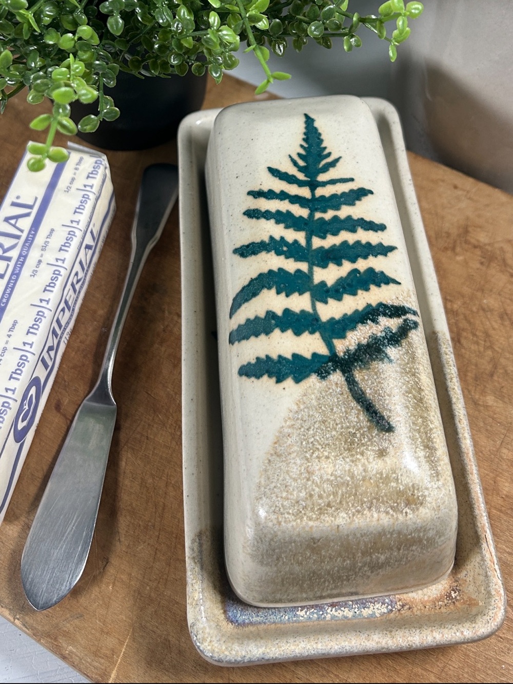 Studio Pottery Stoneware Handmade Butter Dish w/ Green Fern Motif Artist Signed